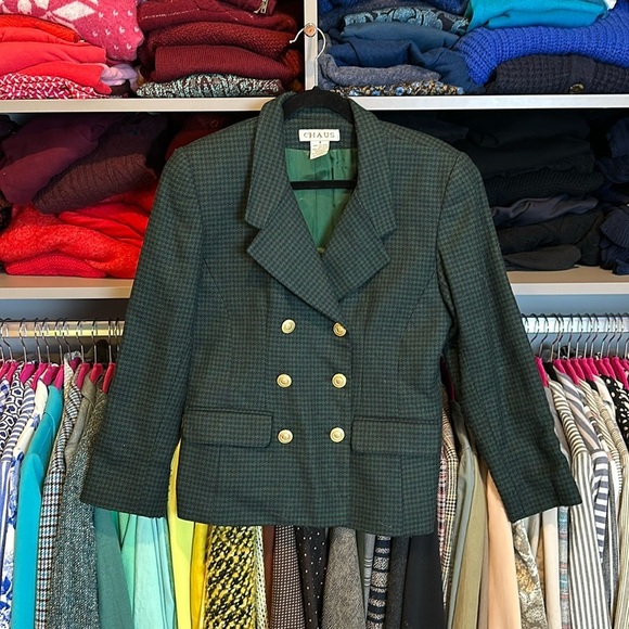 Vintage Chaus 70% wool green and black plaid double breasted blazer size 6 - Picture 1 of 3